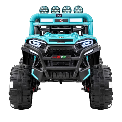 Turquoise four-wheel ride-on vehicle, photographed from the front
